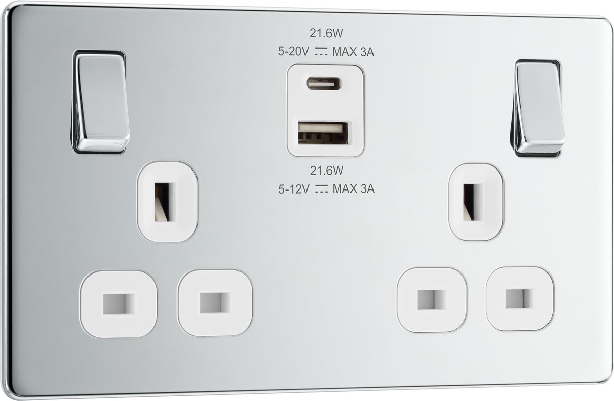 BG Electrical 22W Double Switched Power Wall Plug Socket with Fast Charge Type A and C USB Ports, Screwless, Flatplate, Polished Chrome, White