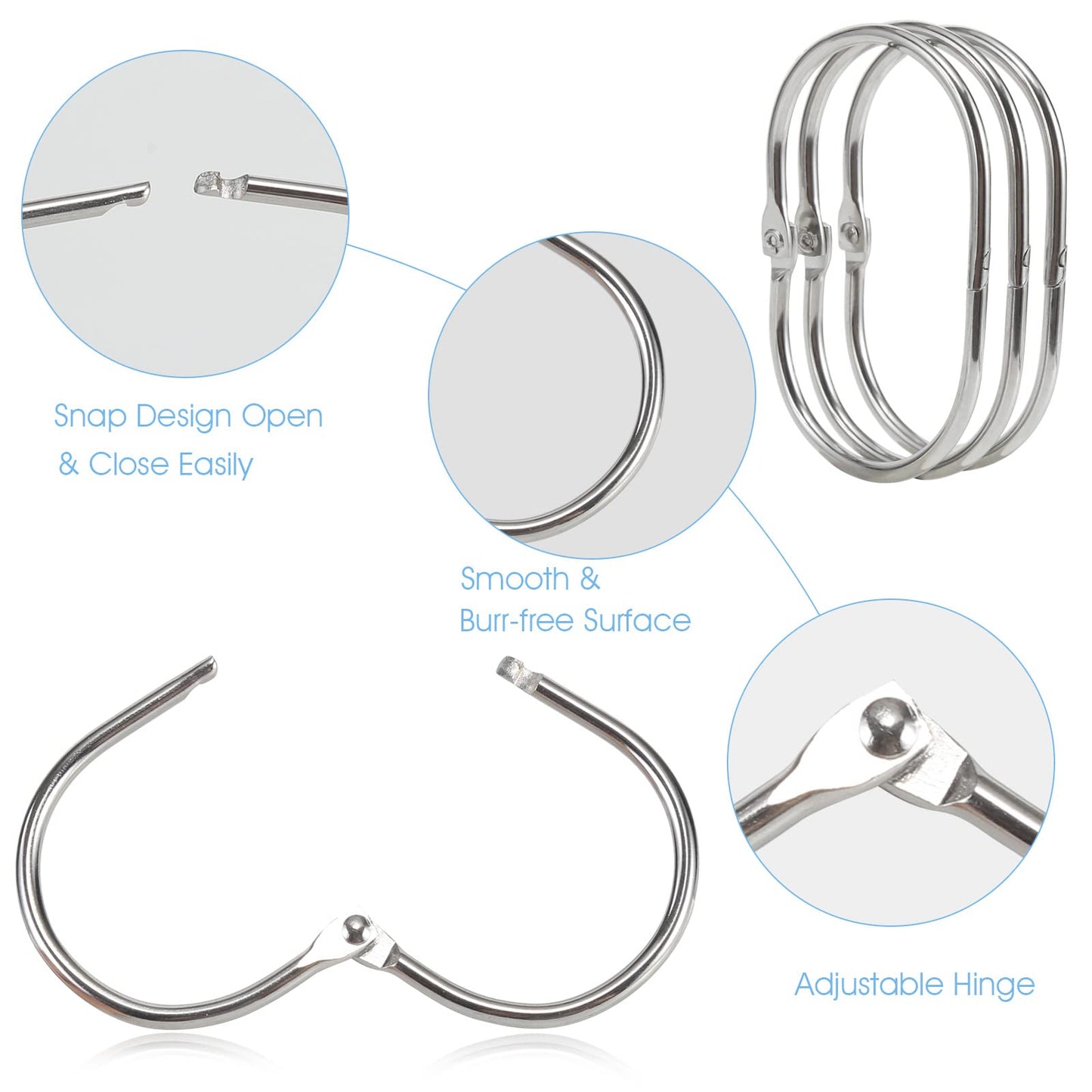 Goowin Shower Curtain Hooks, 12 Pcs Shower Curtain Rings Rust Proof Metal Oval Rings Clasp Closed Shower Curtain Rings for Bathroom Shower Rods