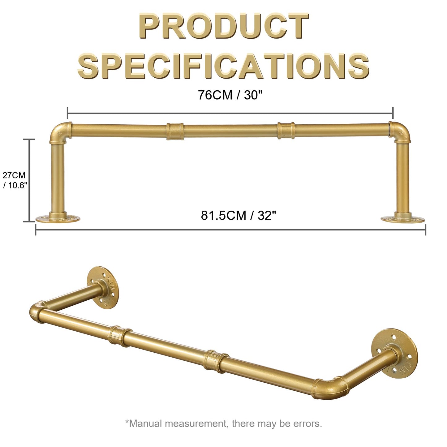 Ihomepark Industrial Pipe Gold Clothing Rack, 74 cm Wall Mounted Gold Iron Garment Clothes Bar, Heavy Duty Metal Hanging Rod for Retail Display