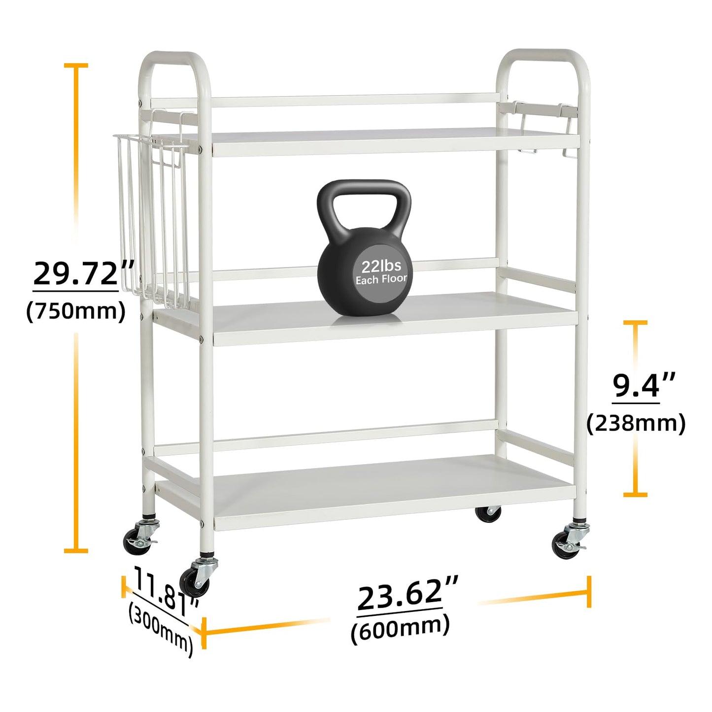 HDANI Serving Trolley,3-Tier Metal Trolley,White,with Basket
