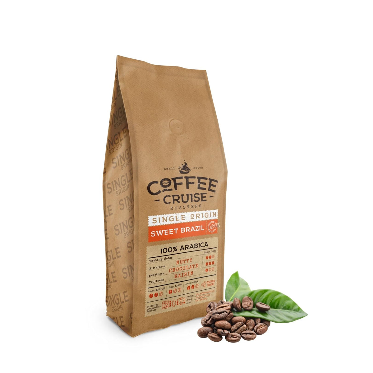 COFFEE CRUISE Sweet Brazil Brazilian Coffee Beans 1kg - Medium Roasting - Aroma Cocoa and chocolate - For All Coffee Machines - 100% Arabica