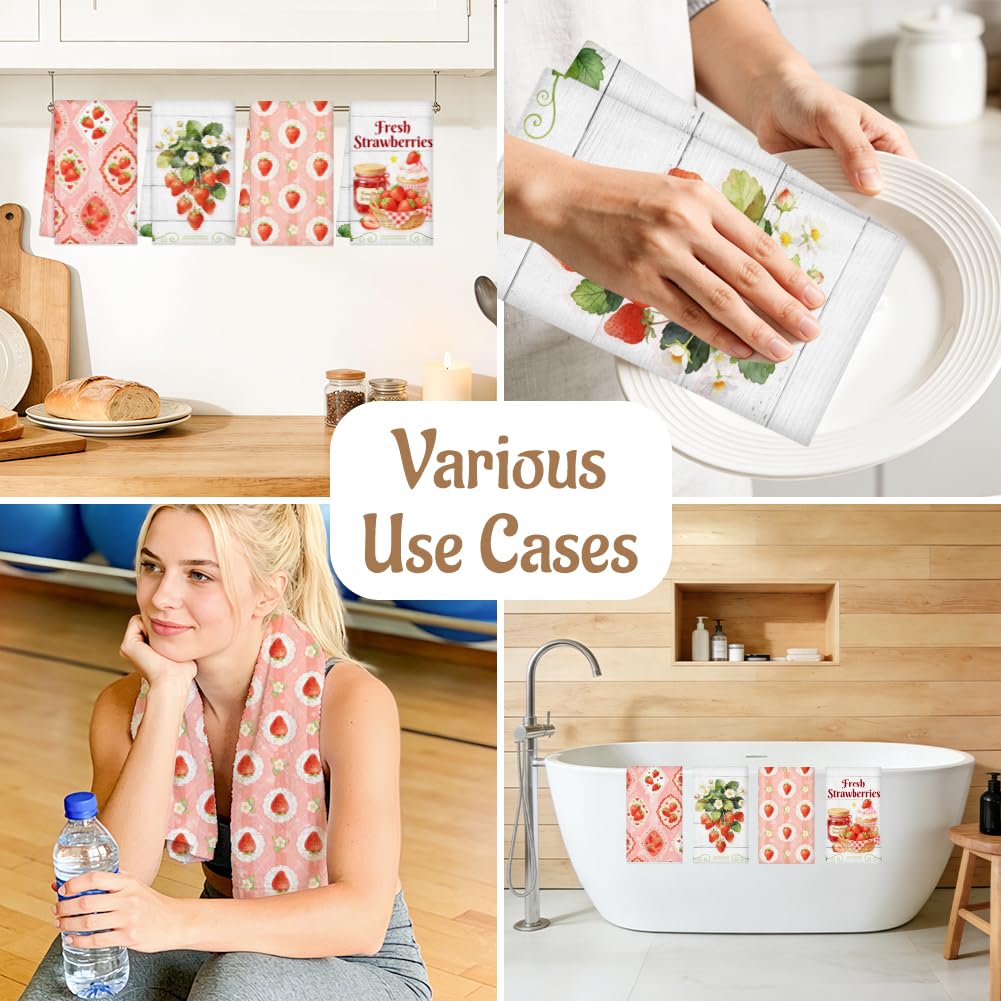 WADORN 4 Styles Strawberry Kitchen Towels, 18 x 26 Inch Microfiber Strawberry Decorative Hand Dish Towels Spring Summer Soft Absorbent Quick Drying