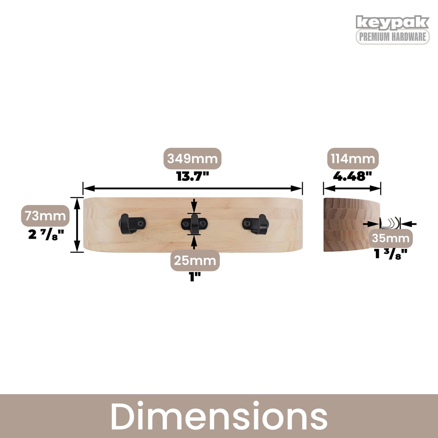 keypak Scandi Wooden Curved Key Holder, Shelf with 3 Hooks