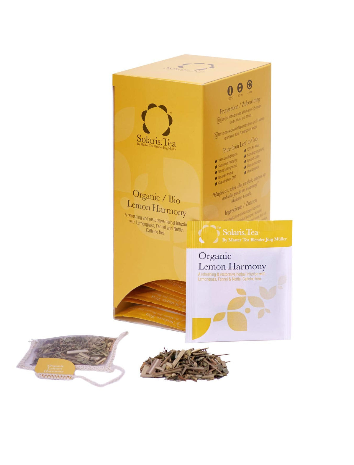 Solaris Tea - Organic Lemon Harmony | 100% Organic Whole Leaf Tea | Certified Vegan | 40x Biodegradable Stitched Teabags, (1 x 60 g)