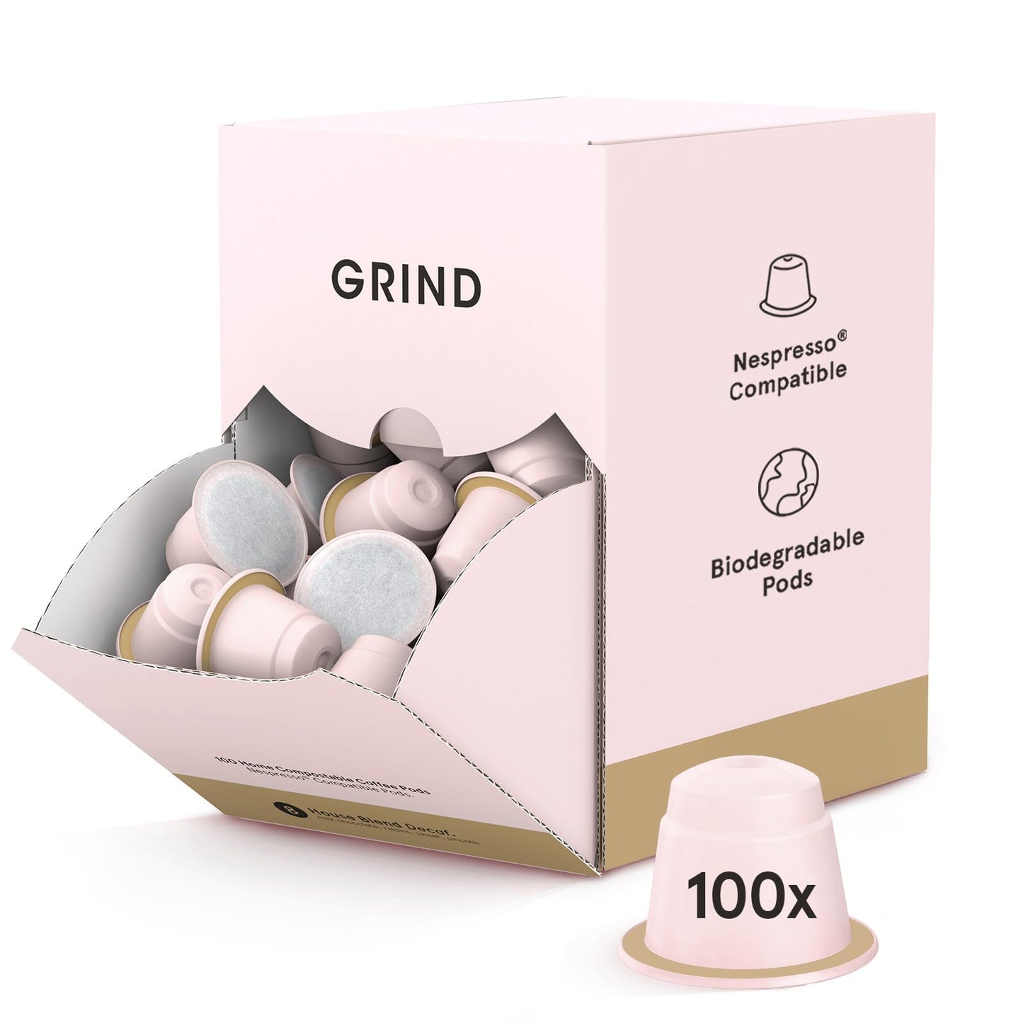 Grind Decaf House Coffee Pods ? Pack of 100 Biodegradable Arabica Capsules ? Naturally Decaffeinated ? Nespresso? Original Compatible Capsules ? Home