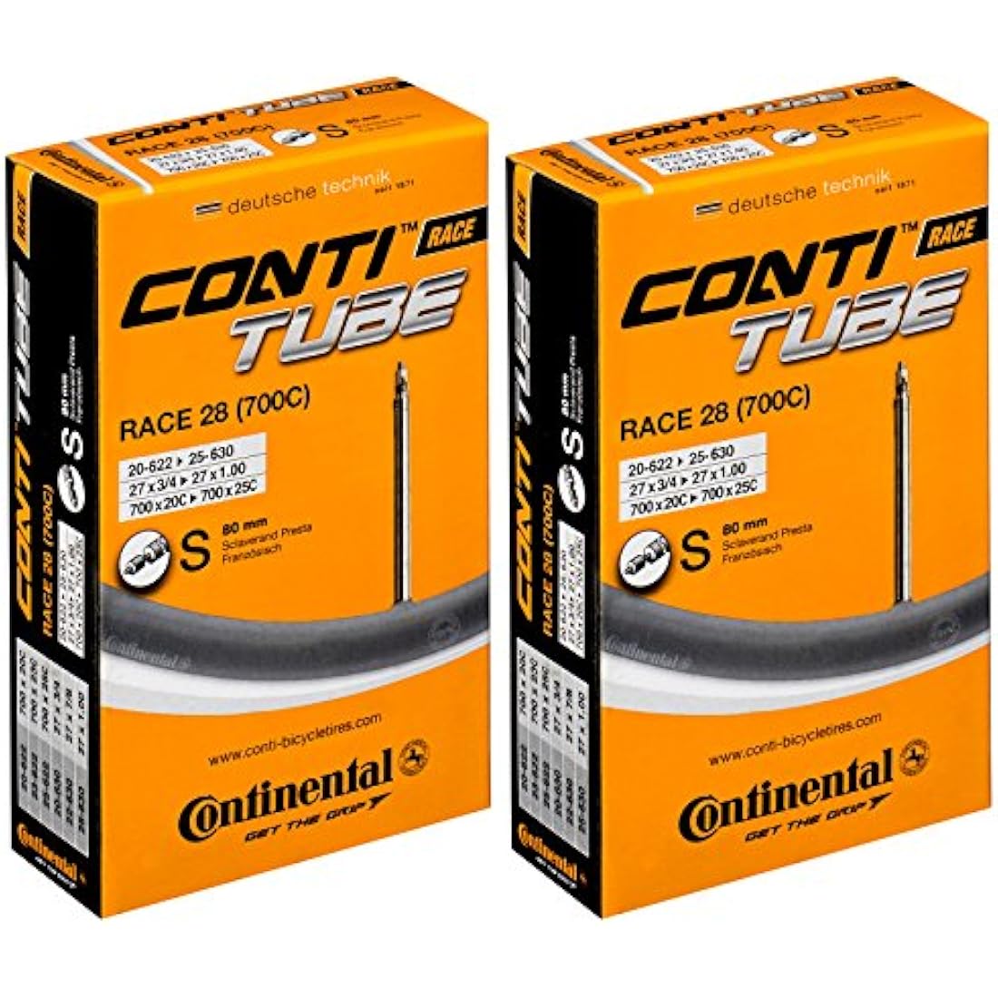 Continental Race 28 700 x 20-25c Inner Tubes - Long Presta 80mm Valve (Pack of 2), Black