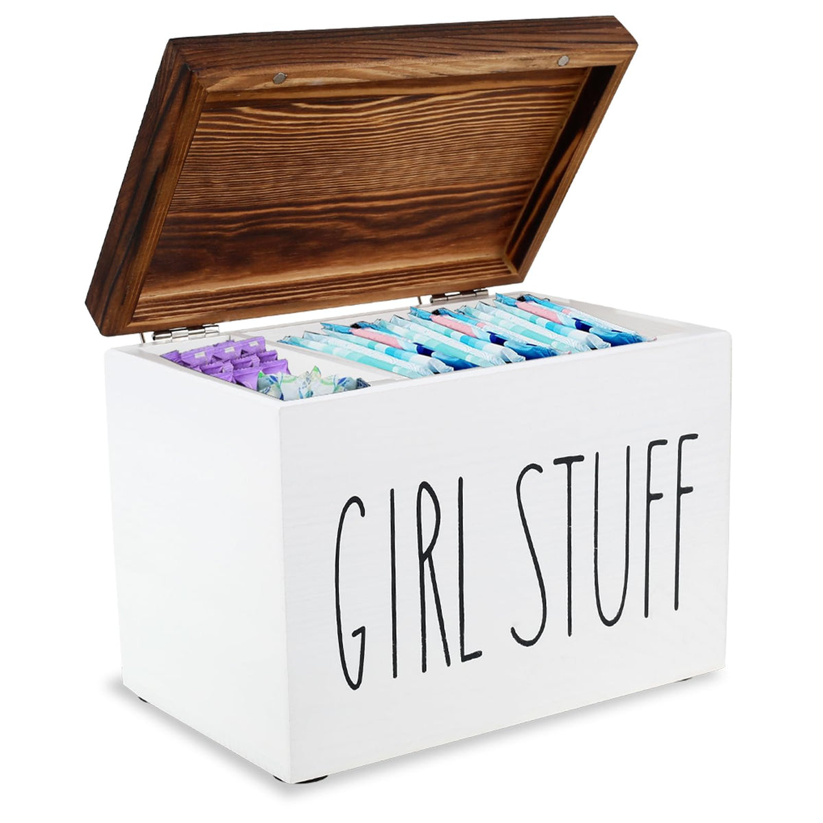NZWBSHSSP Wooden Tampon Holder with Lid, 2-Compartment Sanitary Storage Box, Practical Large Capacity Lady Stuff Box, Feminine Products Organizer