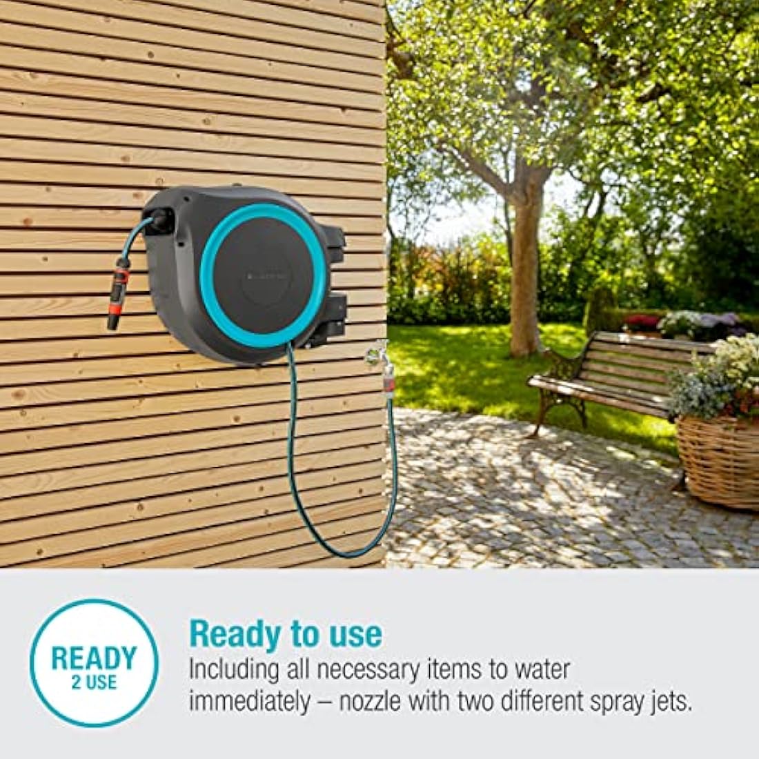 Gardena Wall-Mounted Hose Box Rollup XL (Turquoise) 35 m: Versatile Watering System for Large Gardens, Swivel Hose Box, Including 35 m Gardena Hose and mounting kit (18630-20)