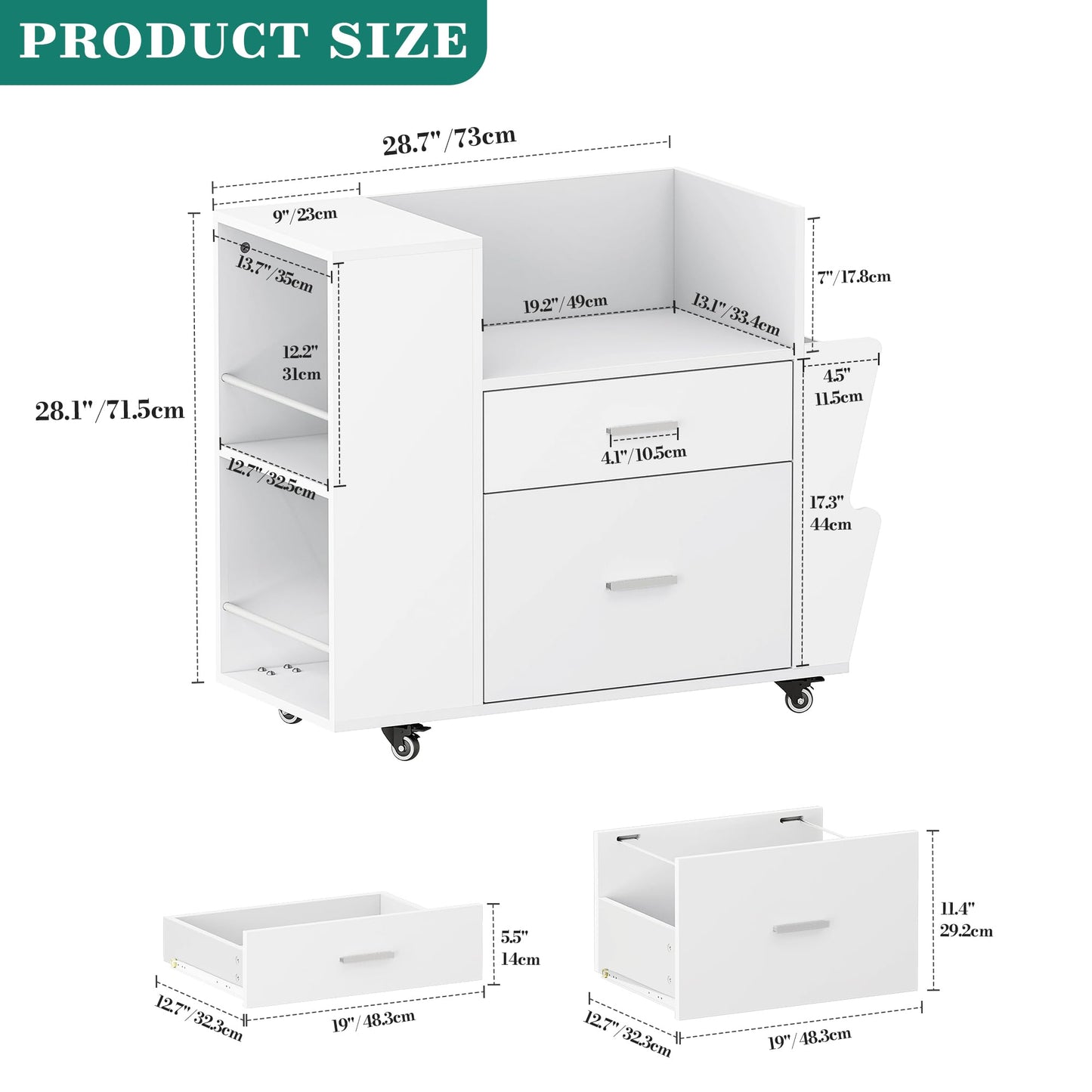 YITAHOME Rolling Filing Cabinet with Side Racks & 4 Wheels, White