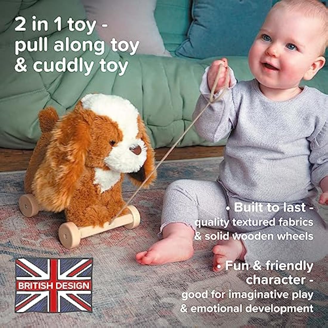 Little Bird Told Me - Peanut Pup Pull Along Toy for Baby 6+ Months Unisex - 2-in-1 Soft Toy, Removable Wheels, Sensory Plush Fabric - British Brand Since 2007