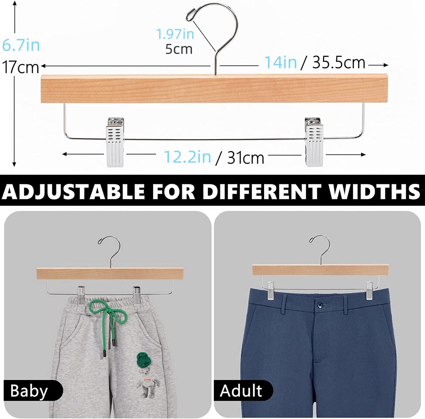 Amber Home 20pcs Wooden Trousers Hangers, Wood Skirts Hangers, Natural