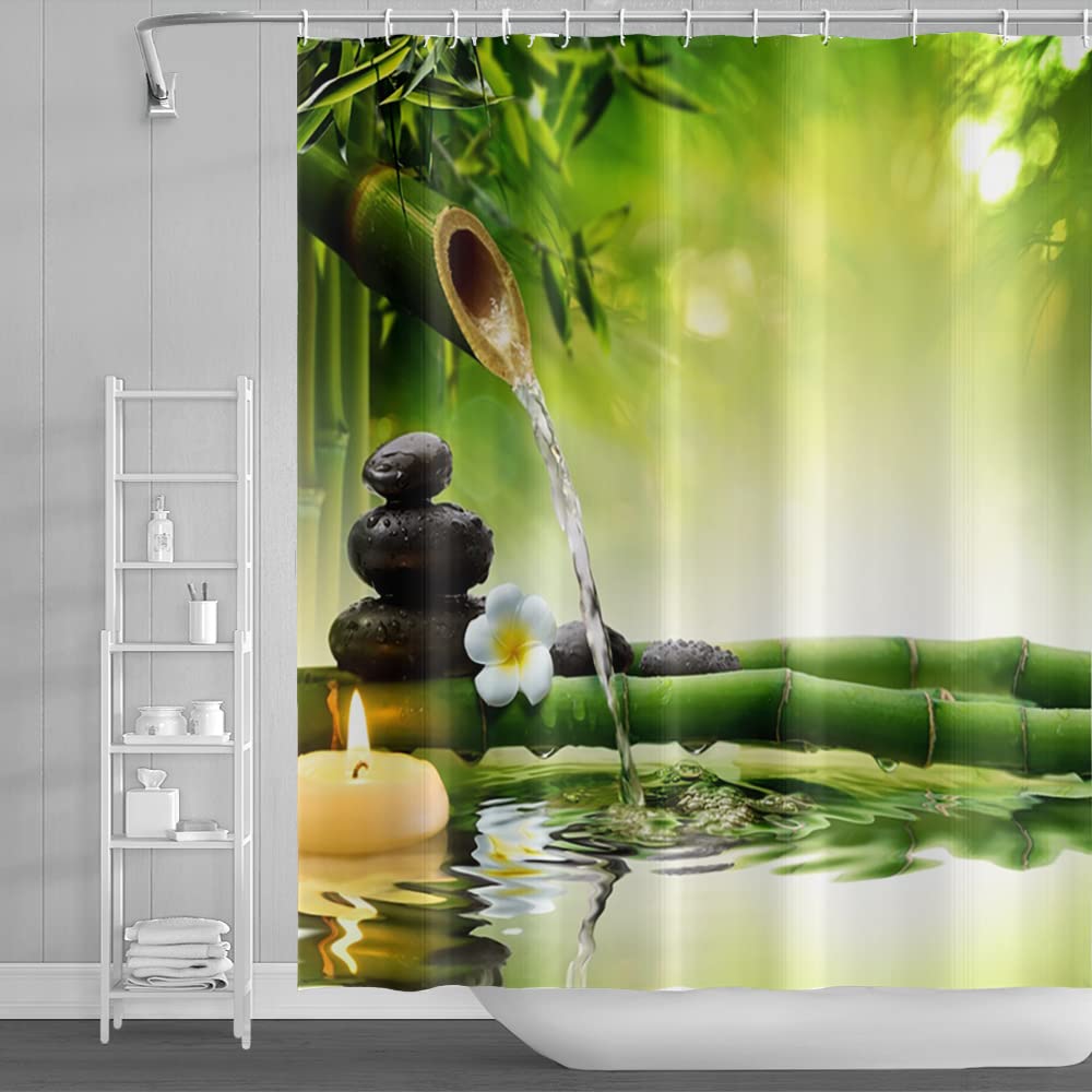 SDOTPMT 180x180cm Spa Bamboo Shower Curtain Green Leaves Aromatic Candles Water Therapy Floral Bath Curtain Zen Meditation Basalt Stones Bathtub