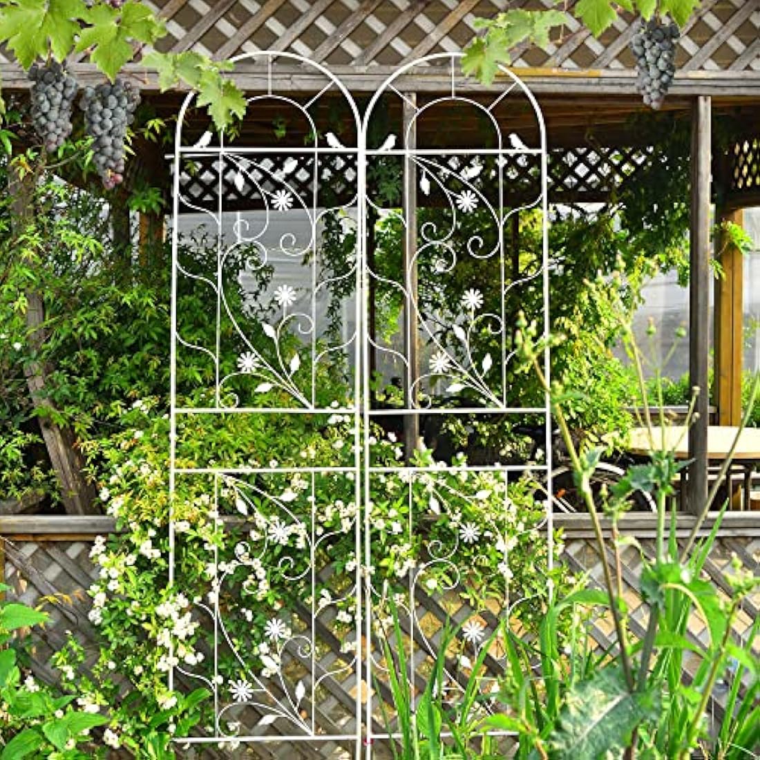 Sungmor Large Wrought Iron Garden Trellises for Climbing Plants - 82.5 Inch Tall & 2PC White PACK - Beautiful Retro Style Metal Fence Trellis - Gardening Vines Plant Support for Flower Rose Climbing