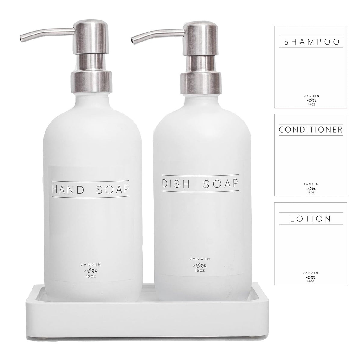 Janxin Glass Soap Dispenser for Kitchen,16oz Morden Hand and Dish Soap Dispenser with Stainless Steel Pump and Wood Tray,Bathroom Soap Dispenser with