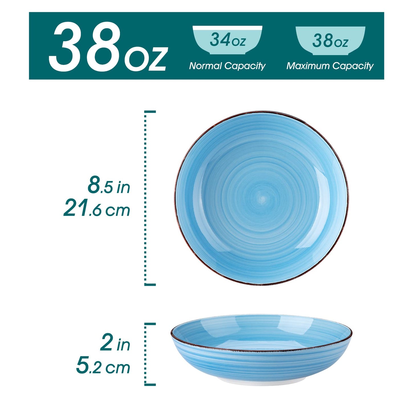 vancasso Bonita Pasta Bowls 38 oz, Large Ceramic Salad Bowls, Pasta Bowl Set of 6, Microwave & Dishwasher Safe Soup Bowls, Serving Bowls, Cool Colors