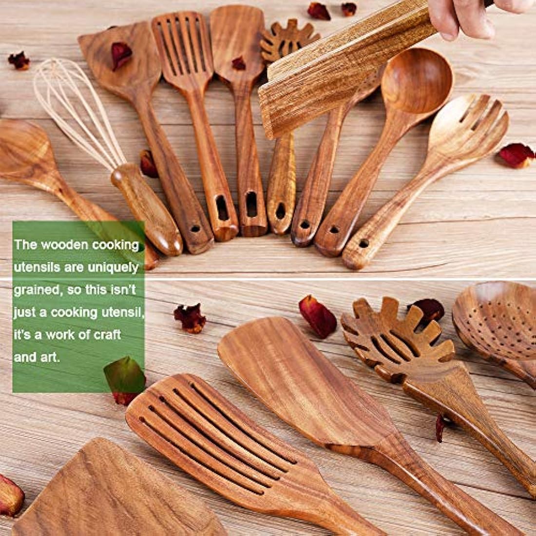 Kitchen Utenails Set with Holder,Kitchen Wooden Utensils for Cooking, Wood Utensil Natural Teak Wood Spoons for Cooking,Wooden Kitchen Utensil Set with Spatula and Ladle (11)