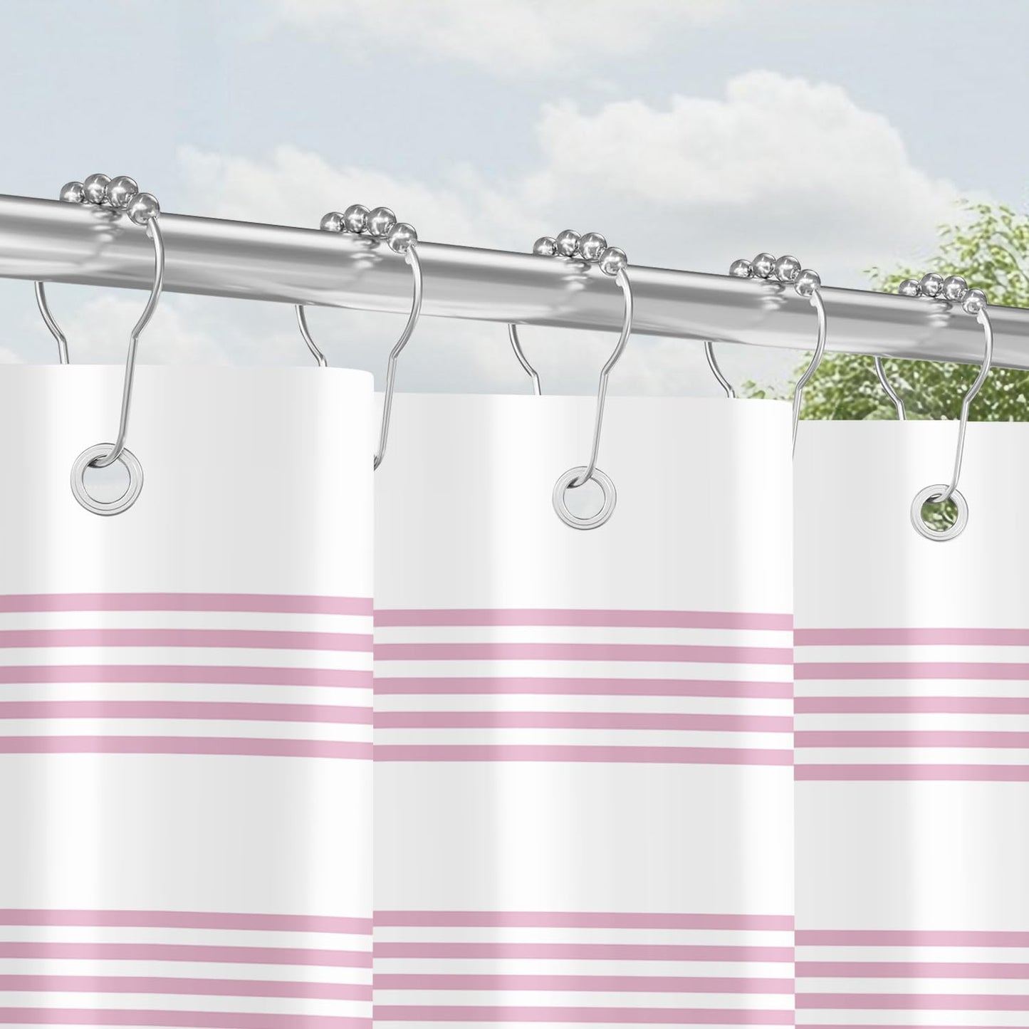 Lerores Shower Curtain, 180 x 200 cm, Pink Striped Design, Weighted Hem, Anti-Mould Textile, Water-Repellent, Washable Polyester Bath Curtains with