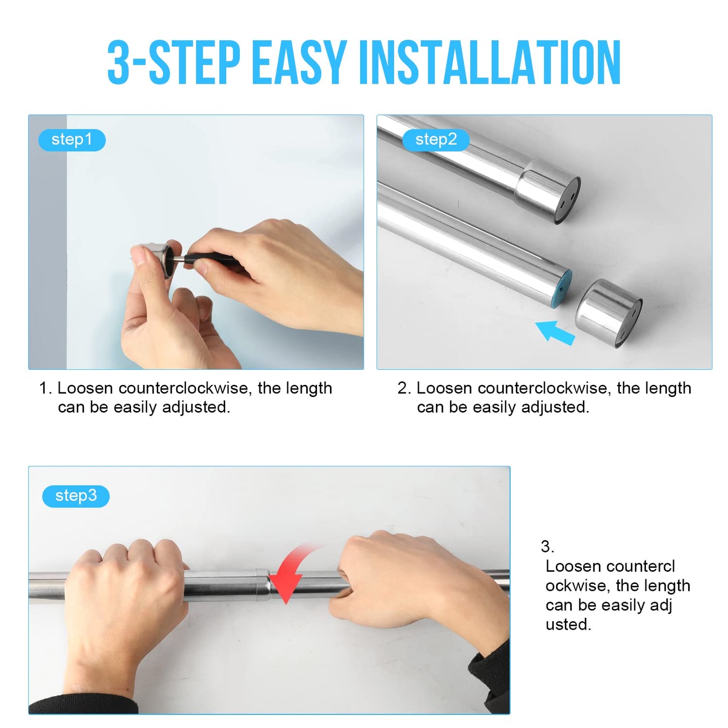 WAENLIR 34cm-50cm Extendable Stainless Steel Wardrobe Rail, Adjustable Clothes Rail Pole With End Sockets
