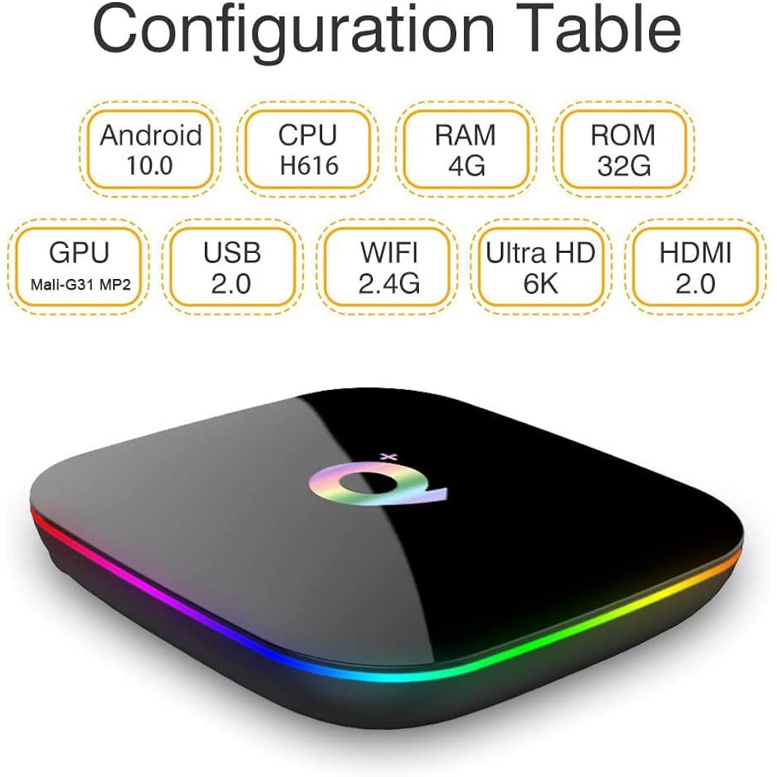 Q PLUS Android 10.0 TV Box, 4GB RAM/32GB ROM H616 Quad-Core, 2.4Ghz WiFi 6K HDMI 2.0 3D Smart