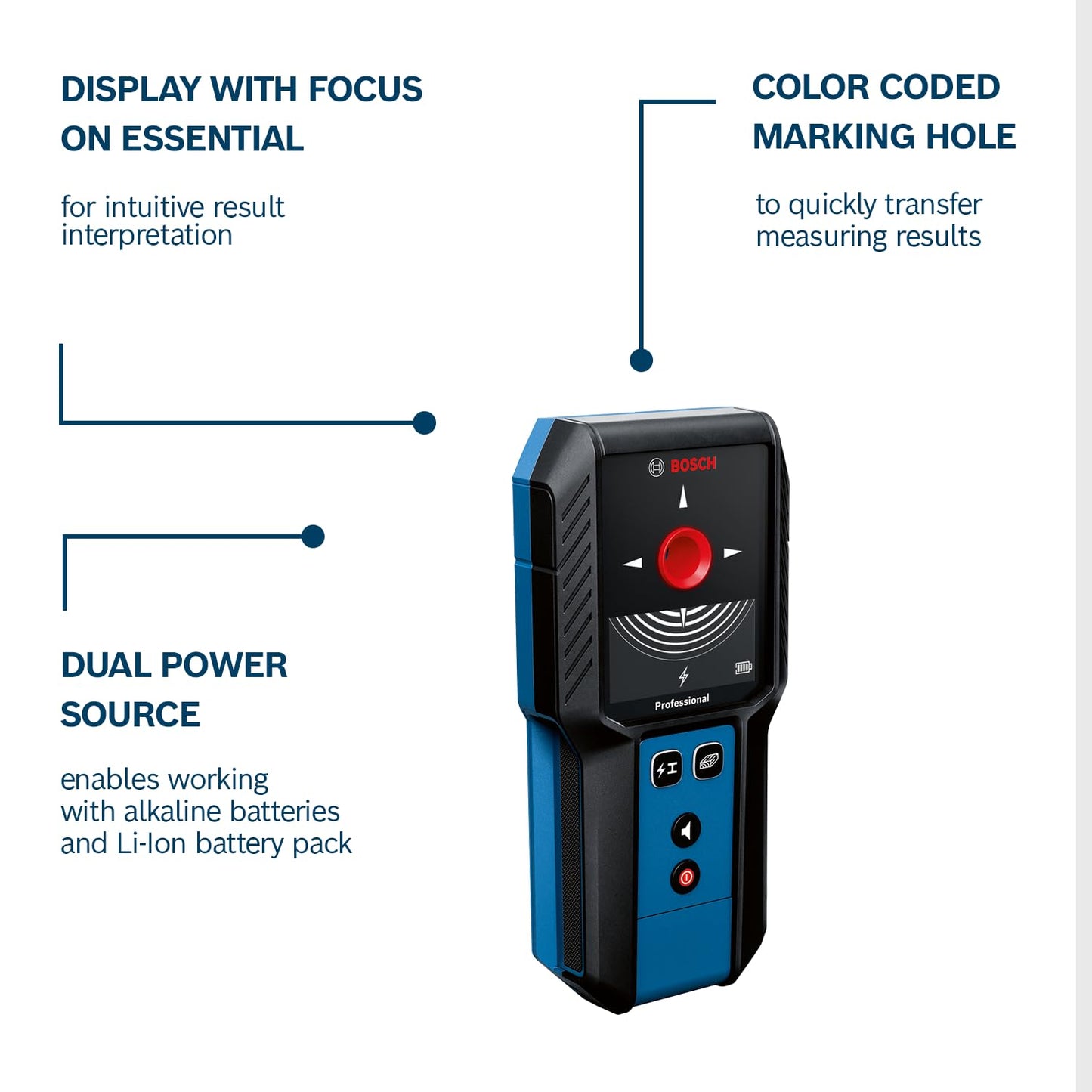 Bosch Professional Wall Scanner GMS 120-27 (2xAA Batteries, max. Detection Depth Non-Magnetic Metal/Magnetic Metal/Live-Wire/Wood: 120/100/50/30 mm,