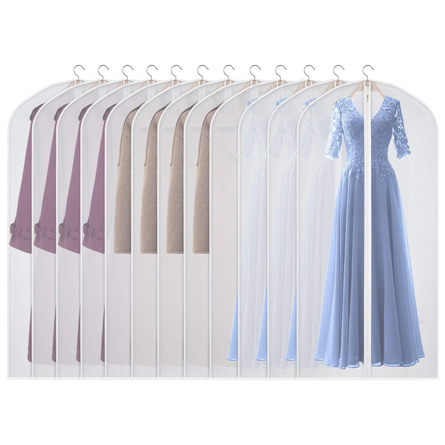 Univivi Hanging Garment Bags, 60 inch Suit Bags for Storage (Set of 12), PEVA Moth-Proof Breathable Dust for Long Dress Wedding Dress Bag