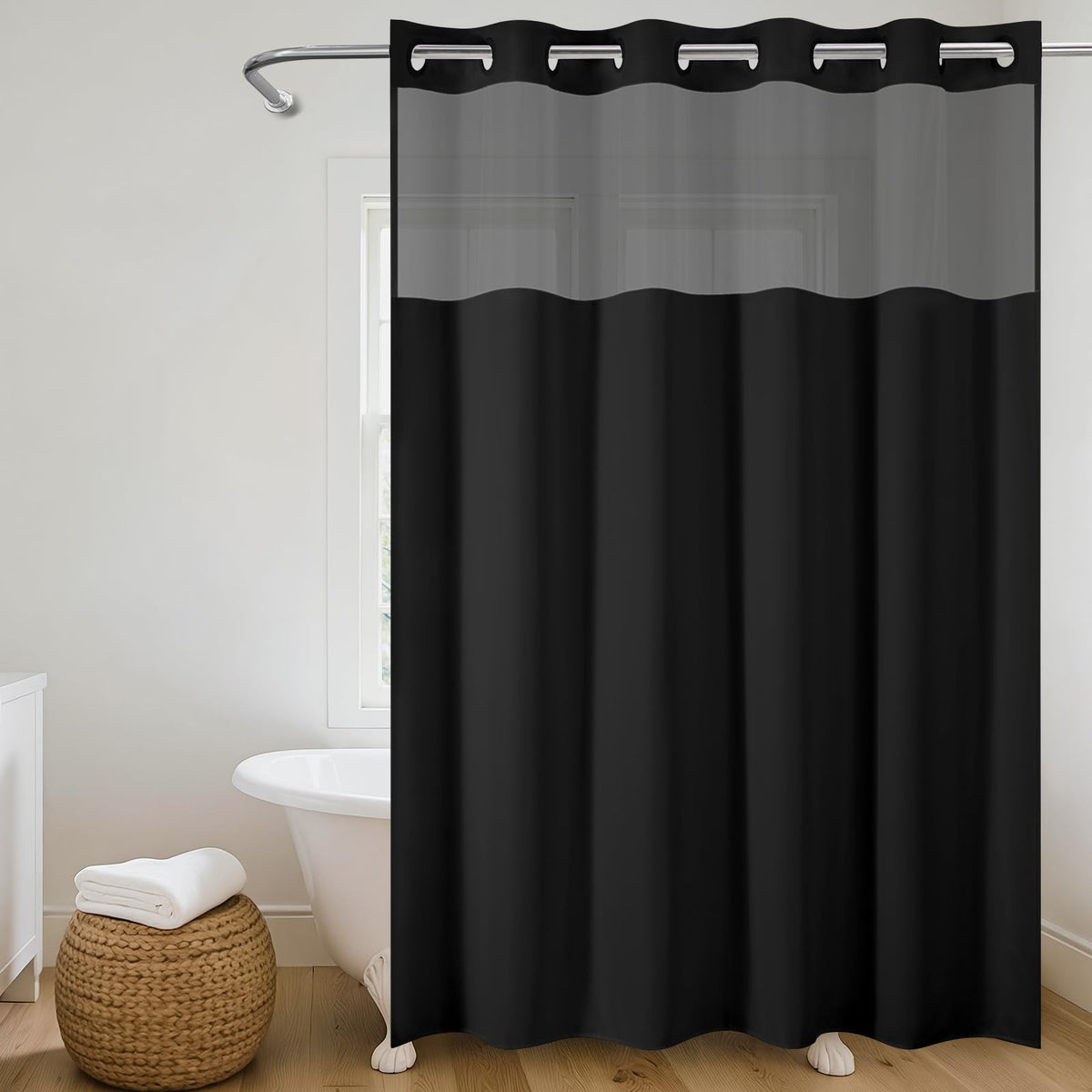 Hotel Quality Hookless Linen Texture Shower Curtain with See Through Mesh Window Heavy Duty Waterproof Fabric Shower Curtain for Bathroom Wet Room