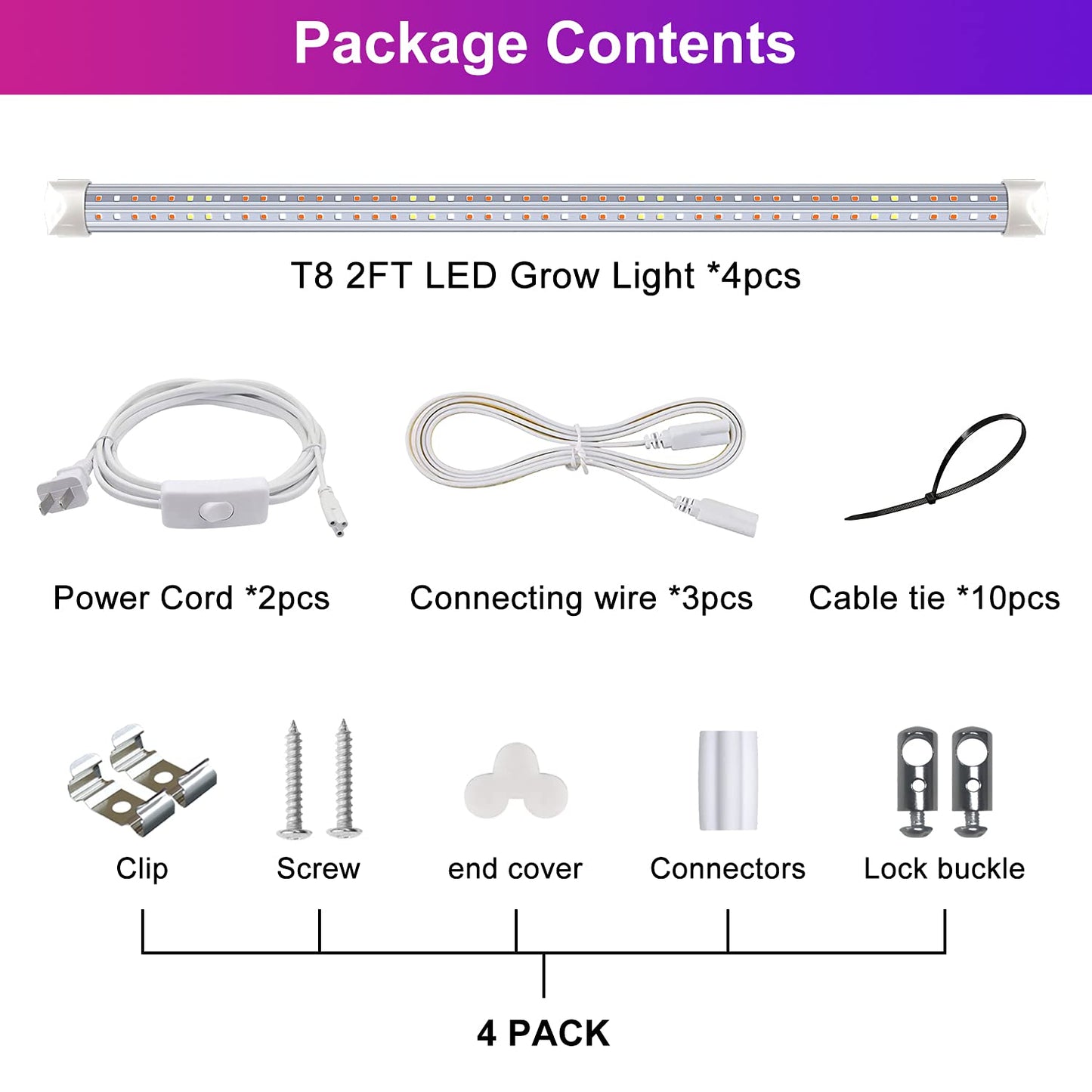 wolezek Grow Lights for Indoor Plants, 2FT T8 Full Spectrum Led Grow Light, with Dasiy Chain Design, 384LEDs(4/Pack) Plant Grow Lamp for Seedlings,