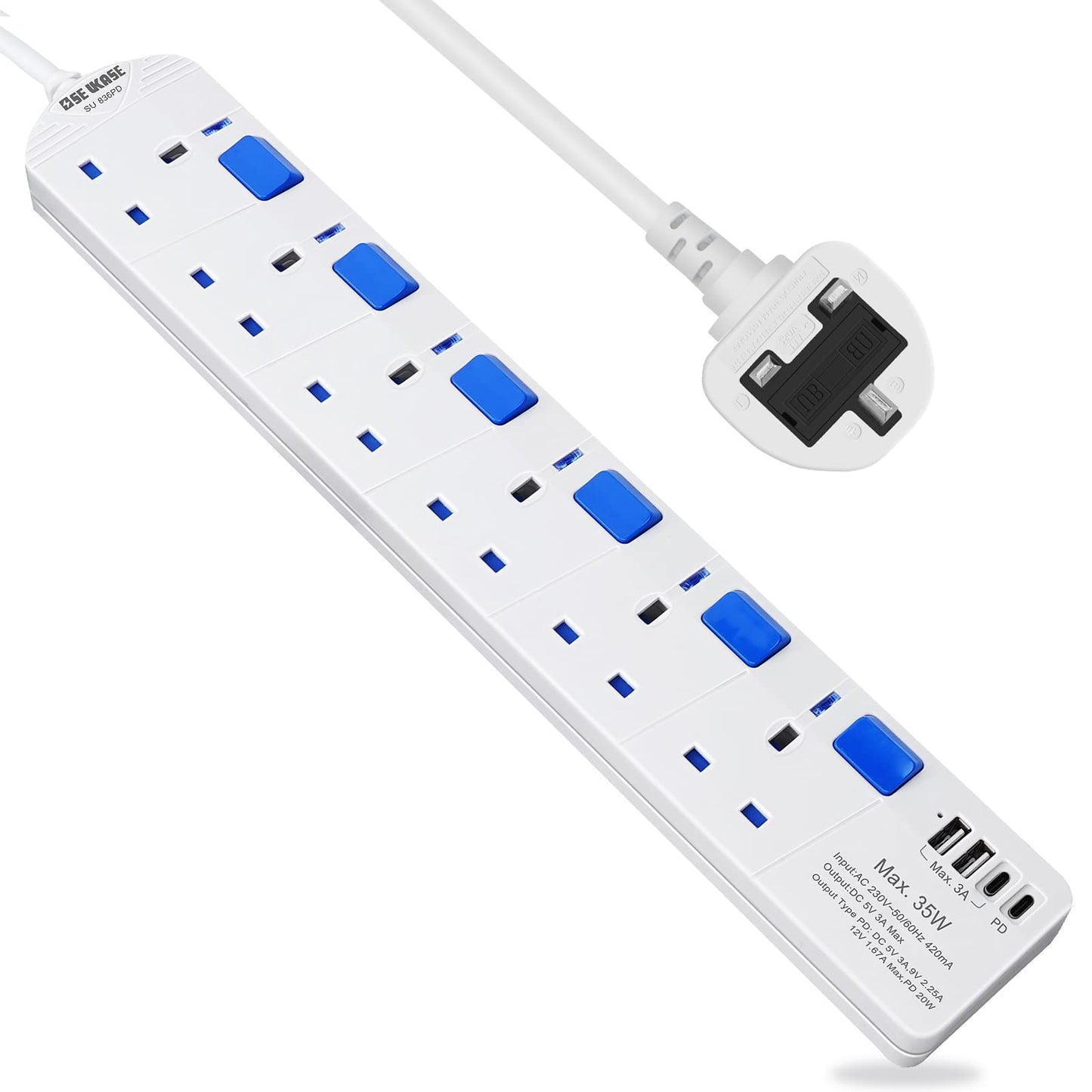 SE UKASE Extension Lead withUSB-C PD port,Fast Charging, 6 Way Plug Sockets with Individual Switches USB and Type C, Wall Mount Design with 2M