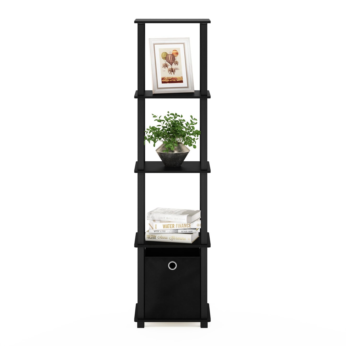 Furinno TURN-N-TUBE Book Shelf, 5-Tier Square Open Frame Display Shelf, Corner Storage Shelves with Storage Bin, Shelving Unit