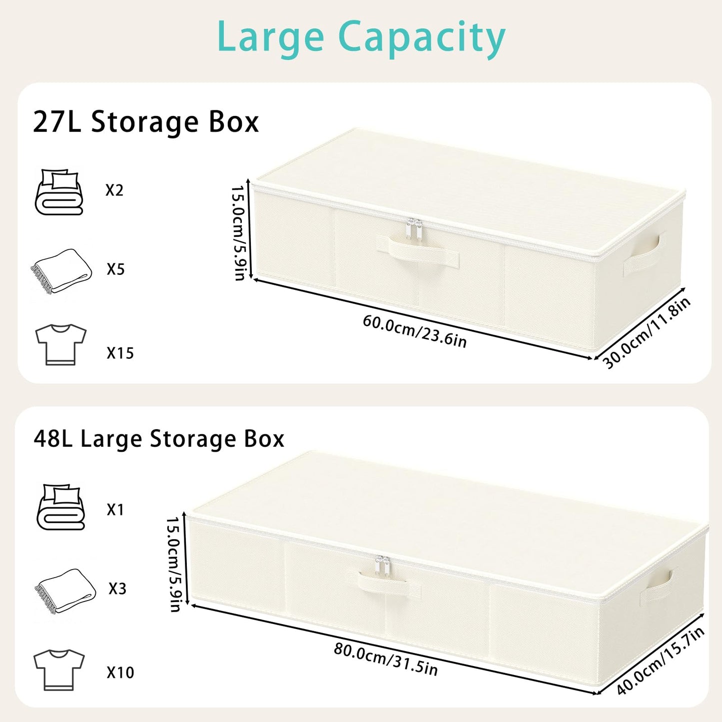 GUOHNHE Under Bed Storage Bins, for Closet, 2 Pack, Beige, 60x30x15 cm