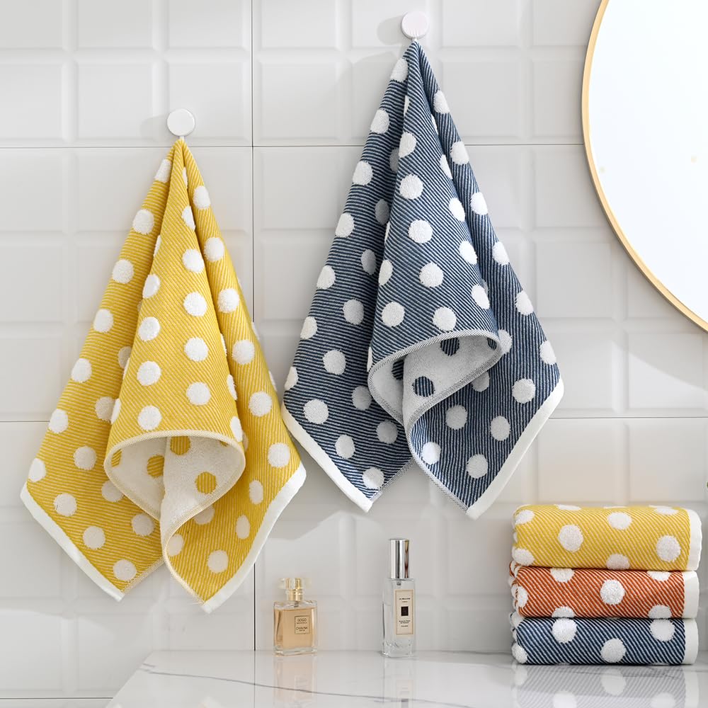 sense gnosis Navy Hand Towels 100% Cotton Super Soft Absorbent Jacquard Herringbone Striped Pattren White Terry Polka Dot Hand Towels for Bathroom