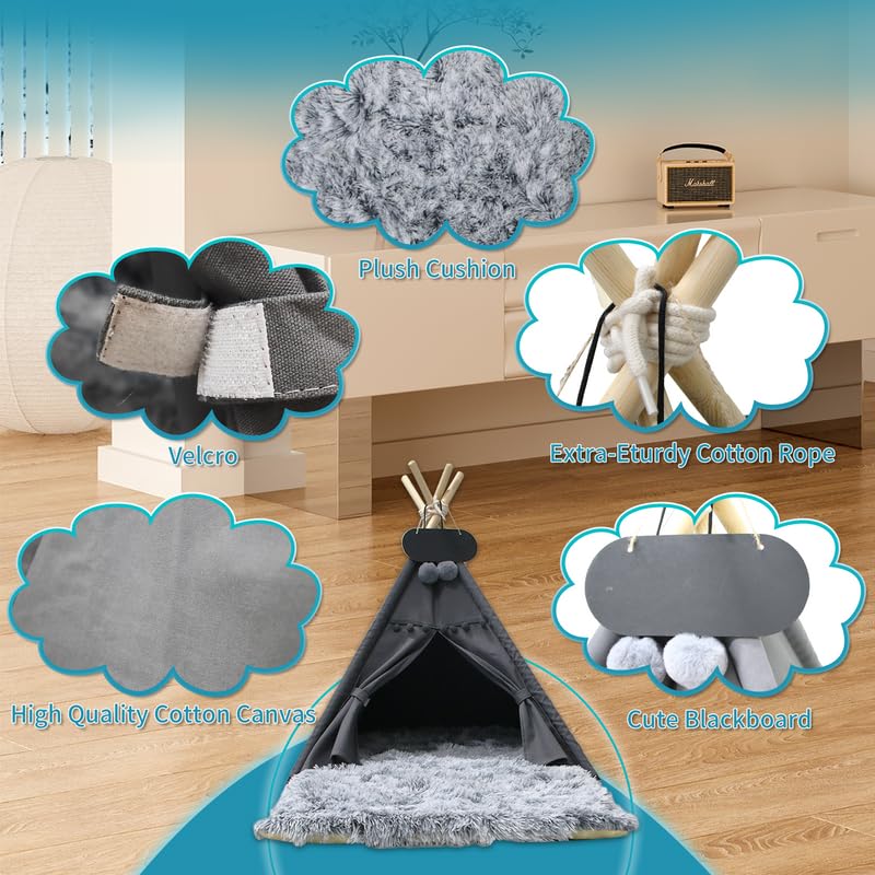 Whiwhi Pets Teepee Dogs Tent with Plush Dog Mat Washable Cats Tents Dog/Cat Bed Luxery Kennels Play House 60x60x70cm