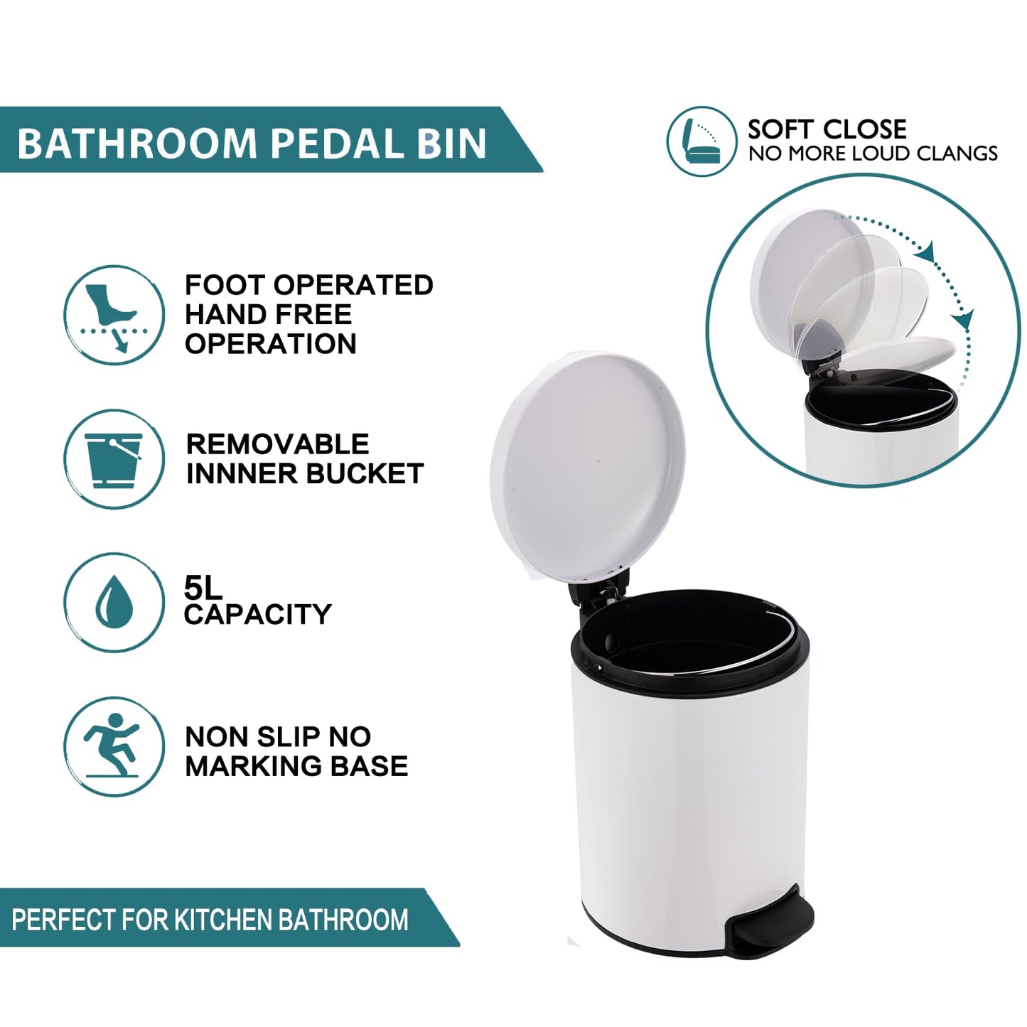 Bathroom Bin with Loo Brush Set, 5L Slim Round Stainless Steel, White