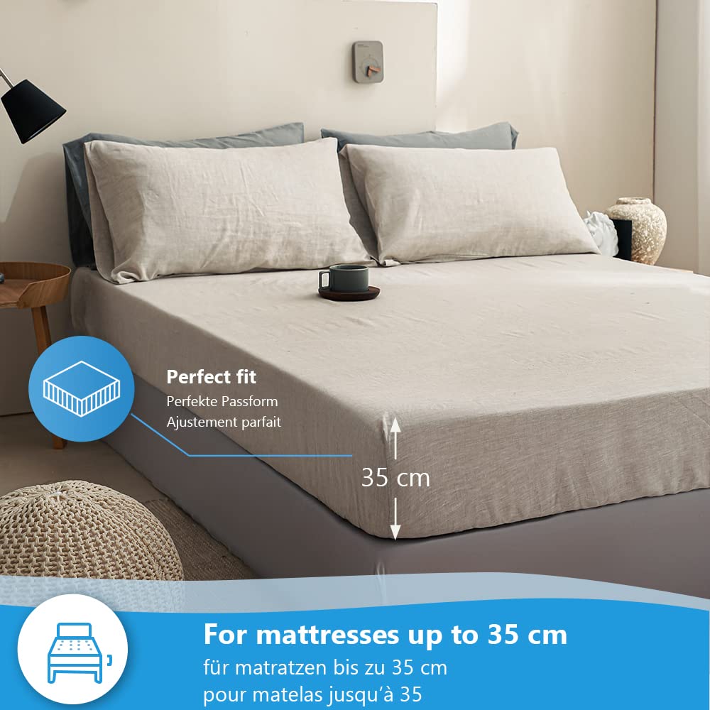 Simple&Opulence Fitted Sheet 35cm Deep Pocket-100% Pure Natural Linen Plain Mattress Protector Bed Sheet-(Linen,King 150x200cm)