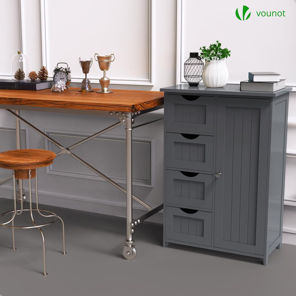 VOUNOT® Bathroom Floor Storage Cabinet, Freestanding Storage Unit with Adjustable Shelf, 4 Drawers & Door, for Bedroom, Kitchen, Living Room