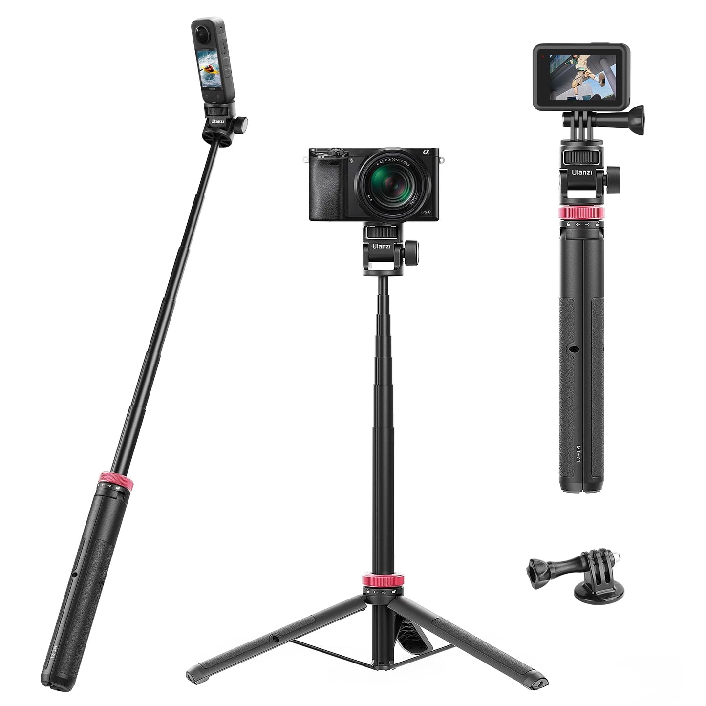 59Inch/146cm Selfie Stick Tripod for Go pro ULANZI MT-71 Long Extendable Vlog Handle Portable Lightweight Tripod Stand Compatible with Go pro Hero