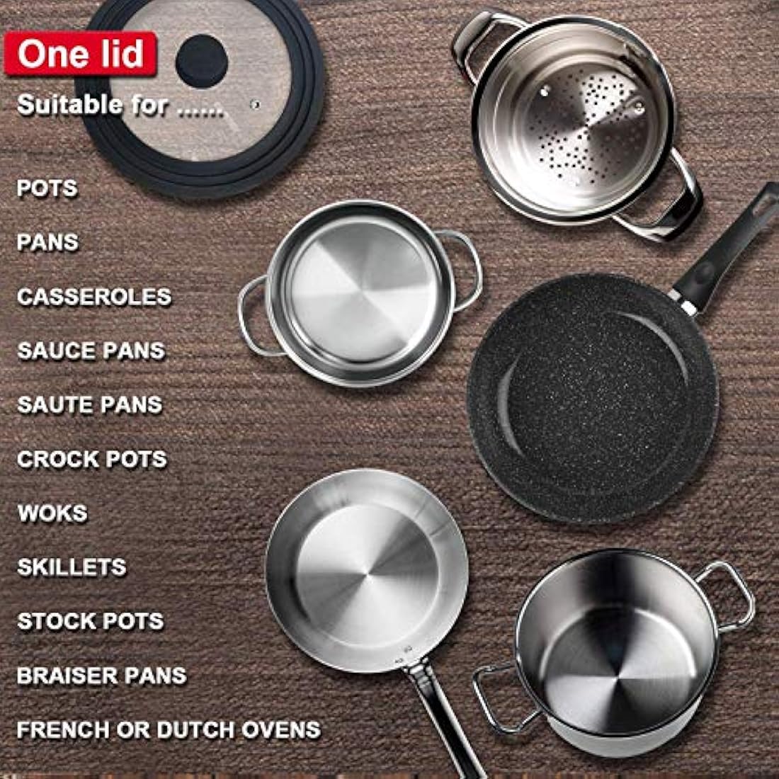 Universal Lid for Pots, Pans and Skillets - Tempered Glass with Heat Resistant Silicone Rim and Fits 18/20/22cm and 26/28/30cm Diameter Cookware