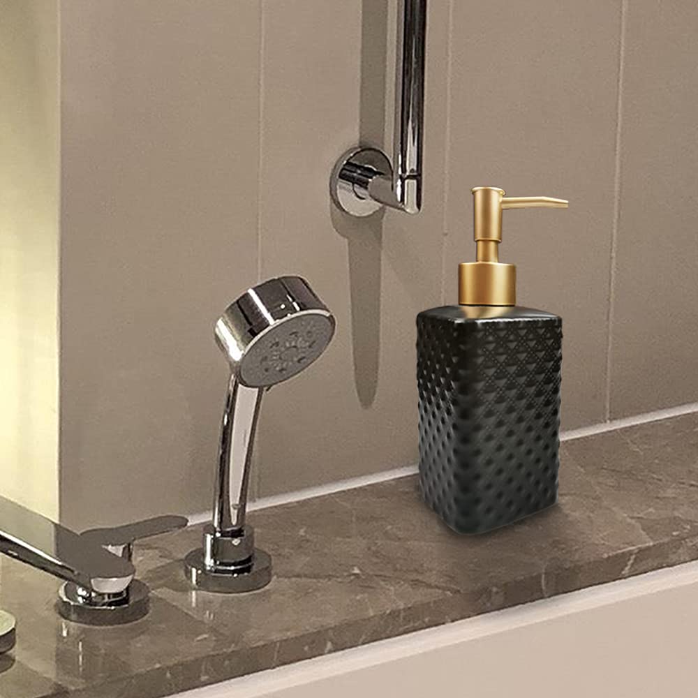 Gold Soap Dispenser, Ceramic Lotion Pump Bottle with Vintage Emboss(Black)