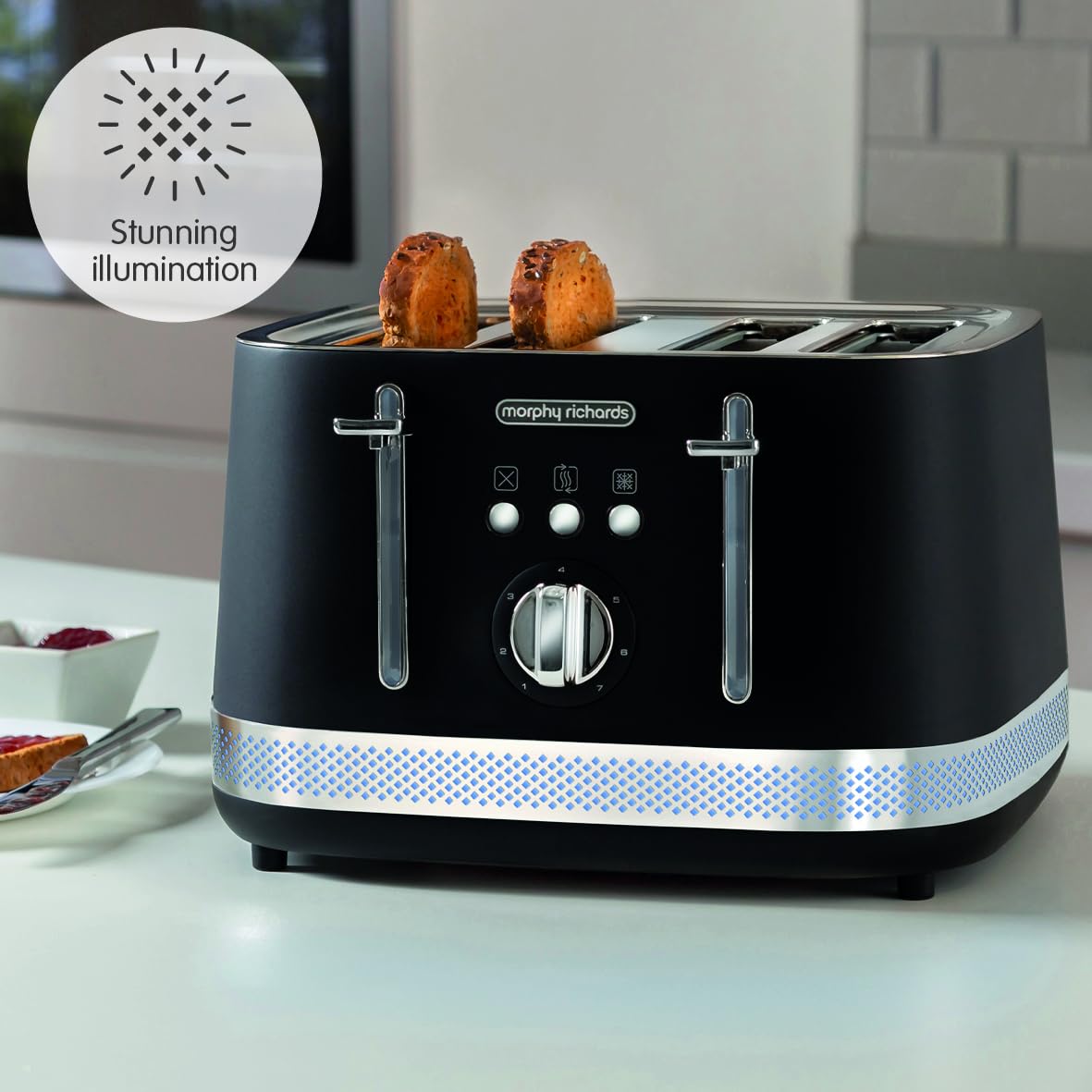 Morphy Richards Illumination 4 Slice Toaster, 7 Toast Settings, Browning Controls, Variable Width Slots, Auto Pop-up, Removeable Crumb Tray, Cord