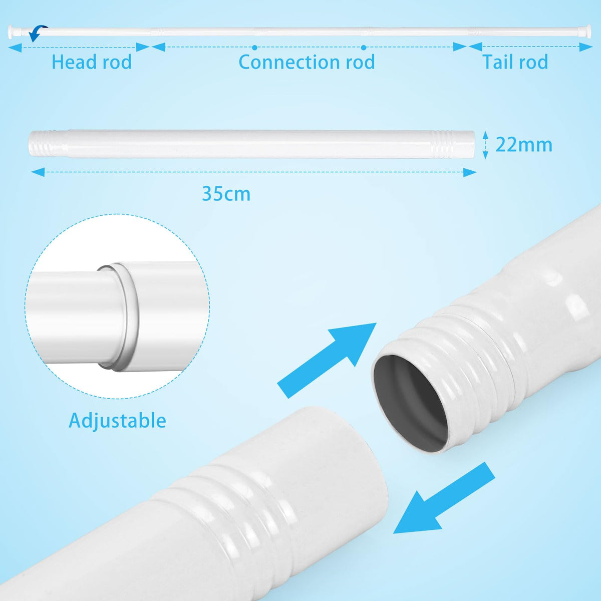 White Shower Curtain Bar Without Drills Adjustable Curtain Rods 71-199cm Non-Slip Telescopic Curtain Clamping Rod Stainless Steel Clamping Rod for