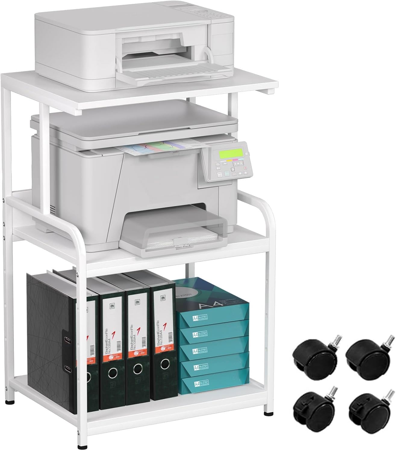3-Tier Printer Stand, Large Printer Table on Wheels, Movable Printer Stand with Storage, Rolling Printer Cart for Fax Scanner Files Media Player