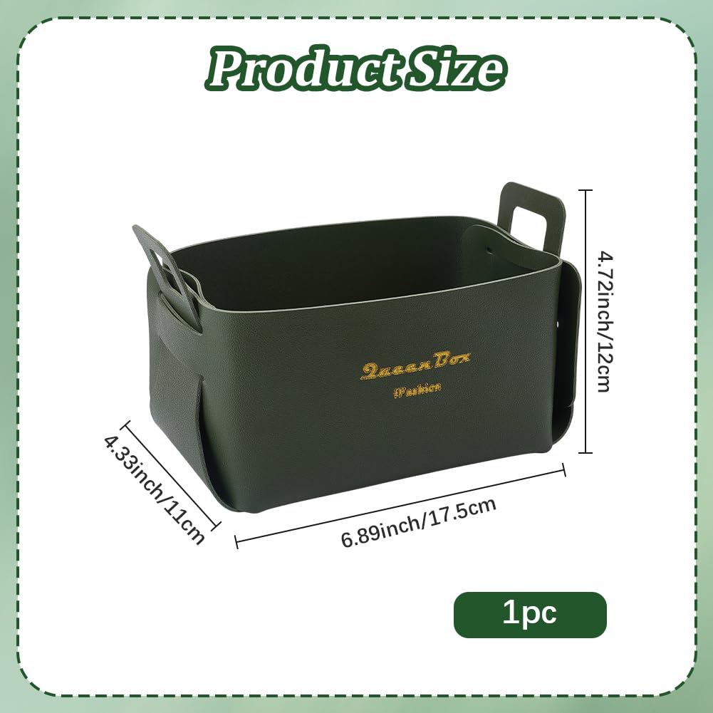 BEAMARKER Foldable Storage Basket Bin PU Leather Desktop Organizer Box Green Small Catchall Basket Rectangle Tray Double Handles for Entryway Bedside