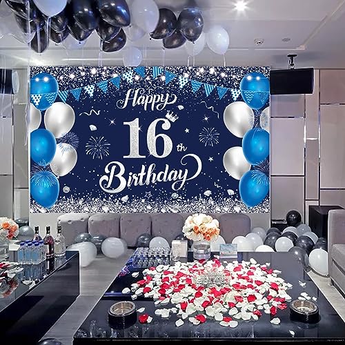 Yontree Happy 16th Birthday Banner - Navy Blue & Silver Birthday Backdrop 1.1 x 1.8m for 16 Years Old Anniversary Party