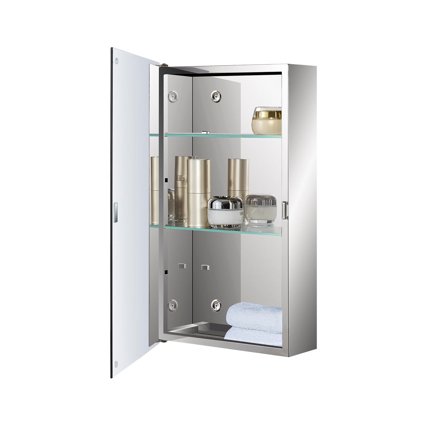 Fundin Bathroom Mirror Cabinet with Single Door, Adjustable Tempered Glass Shelves, Surface Mounted, 30cm W x 50cm H, Mirrored Finish