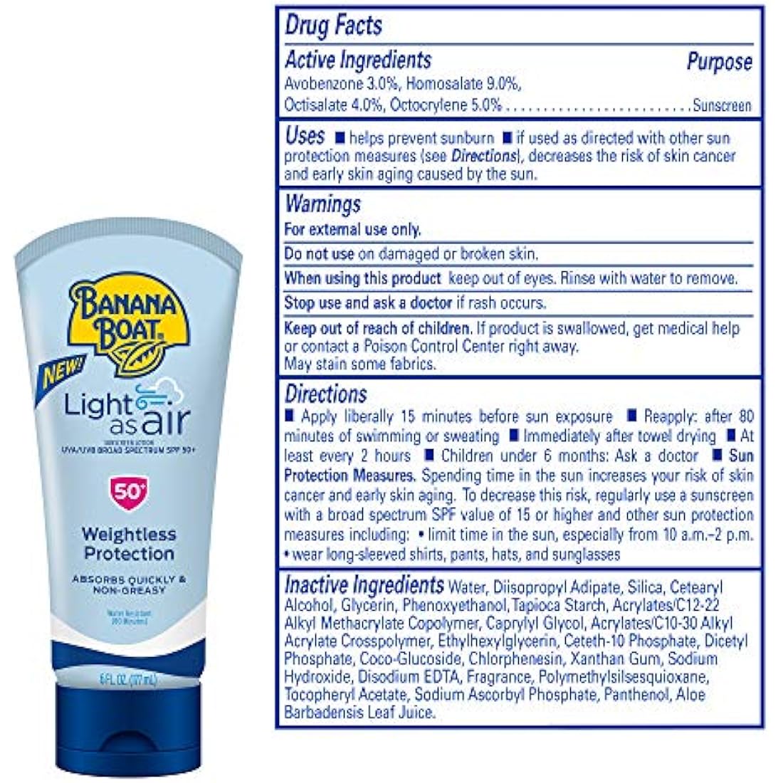 Banana Boat Light As Air Reef Friendly Broad Spectrum Sun Protection Lotion SPF 50 6oz Twin Pack