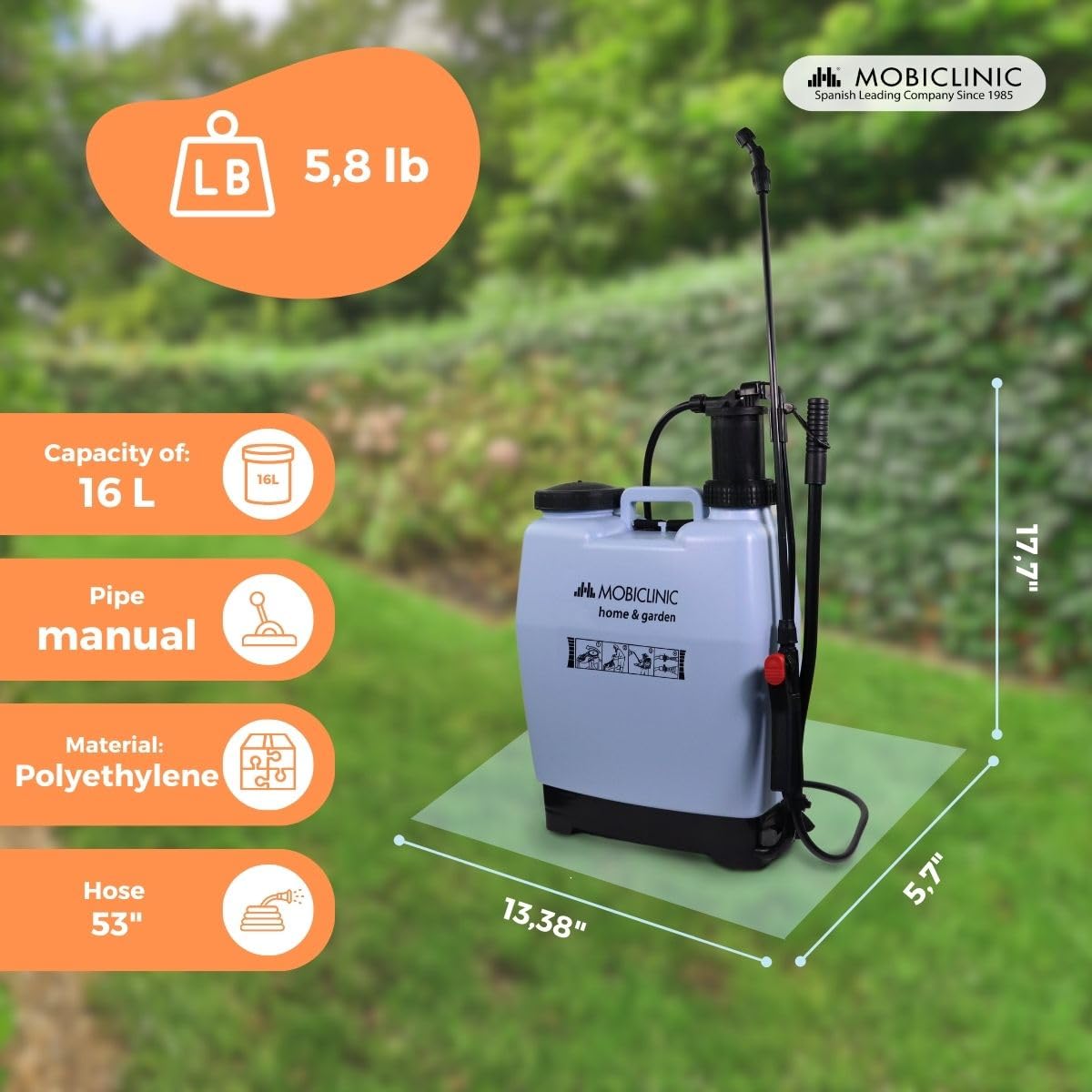 Mobiclinic?, Pump Sprayer, Capacity 16 L, Pressure Sprayer, Backpack, For Garden, Fumibug, Pump Sprayer, 4 Adjustable Nozzles, Light Weight 2,6 kg,