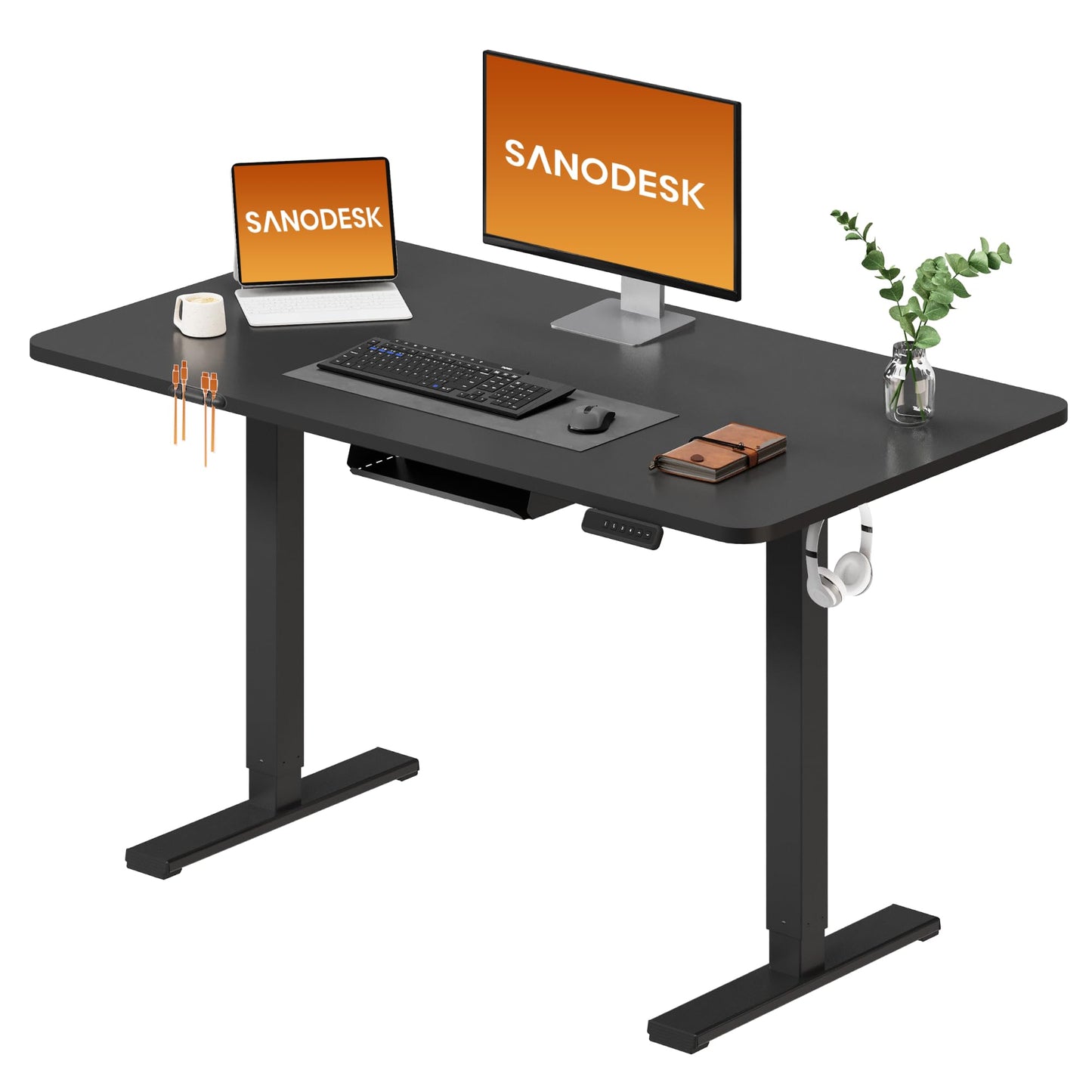 SANODESK Electric Standing Desk 110 * 54 One Piece Height Adjustable Desk With Memory Smart Panel Sit Stand Table With Hooks for Home Office, Black
