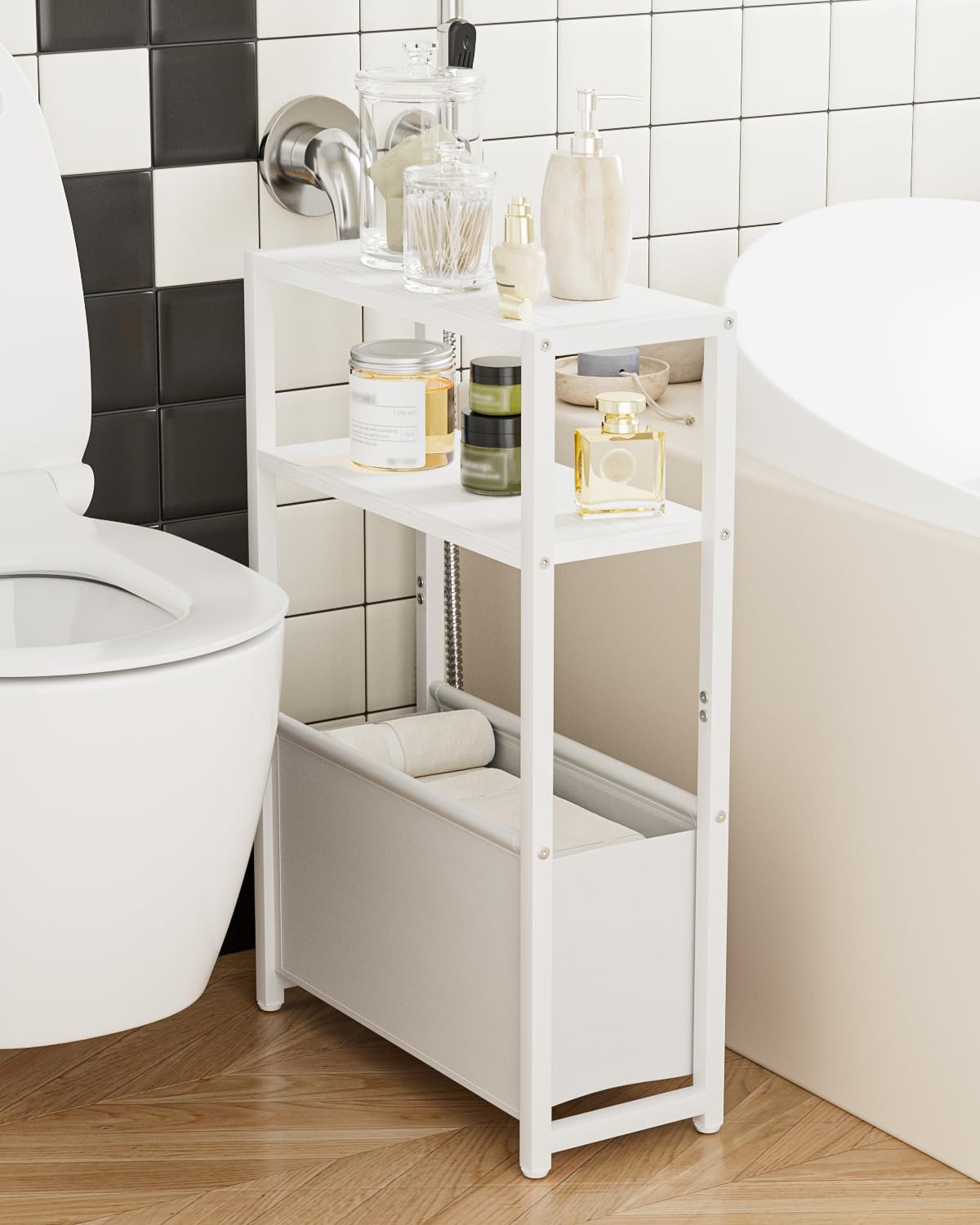 Apetaccat Narrow Side Table for Small Spaces, Small End Table with Storage Basket, Slim Bedside Table for Bedroom