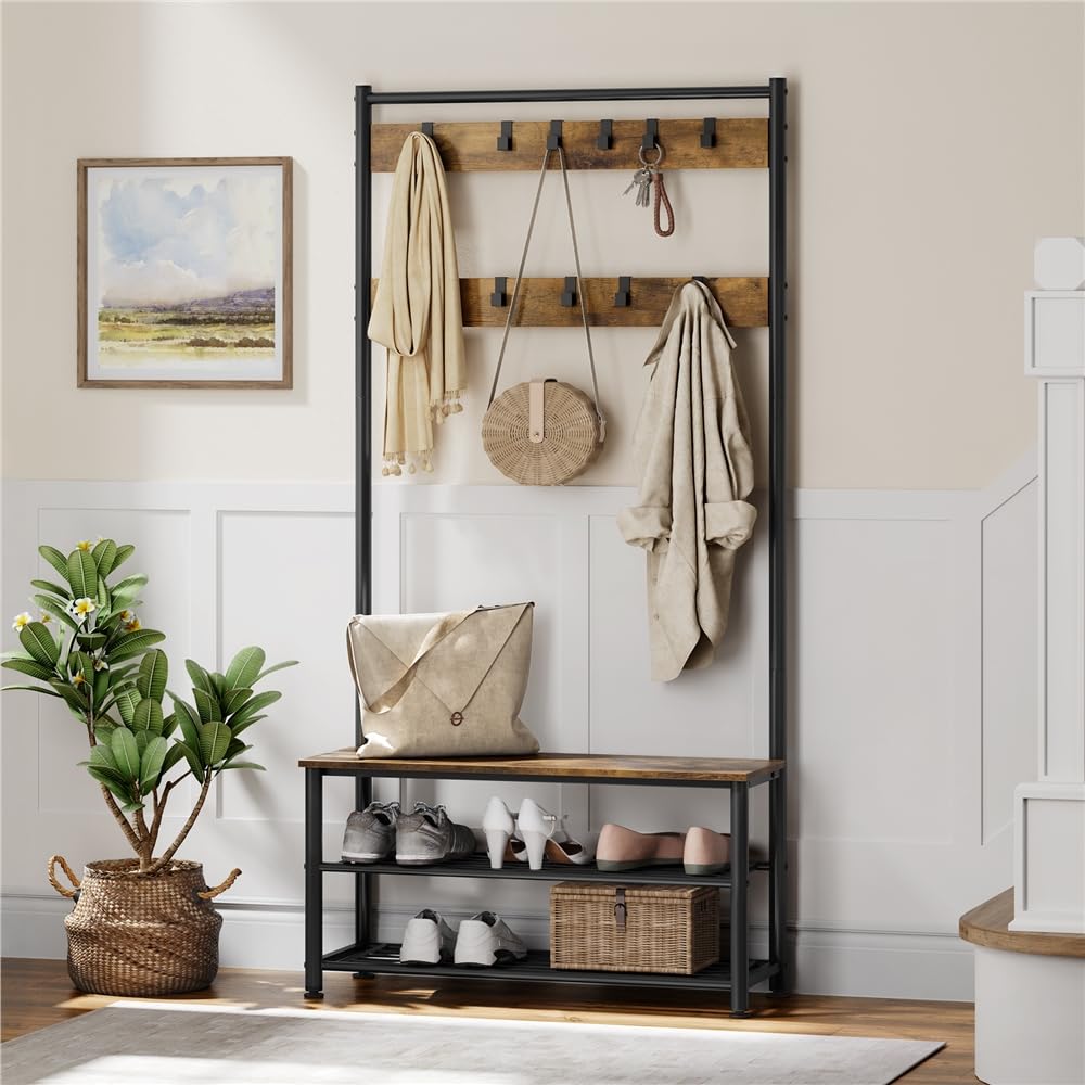 Yaheetech 3-in-1 Coat Rack Shoe Bench Industrial Hall Tree, Rustic Brown
