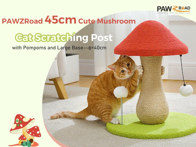 PAWZ Road Cute Cat Scratching Post, Mushroom Cat Scratcher with 100% Sisal Covered Scratching Post & Pompoms Cat Toy, Mushroom Cat Post for Indoor